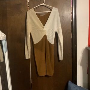 Selling a “Almost Famous” dress that is brown, white and light beige, Large.